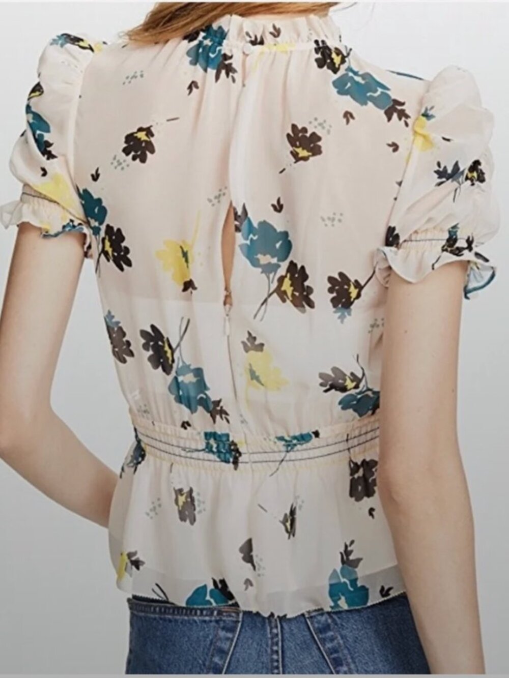 Self-Portrait Chiffon Split Front & Back Peplum Light Apricot Floral Blouse Sz 2 - Picture 2 of 13